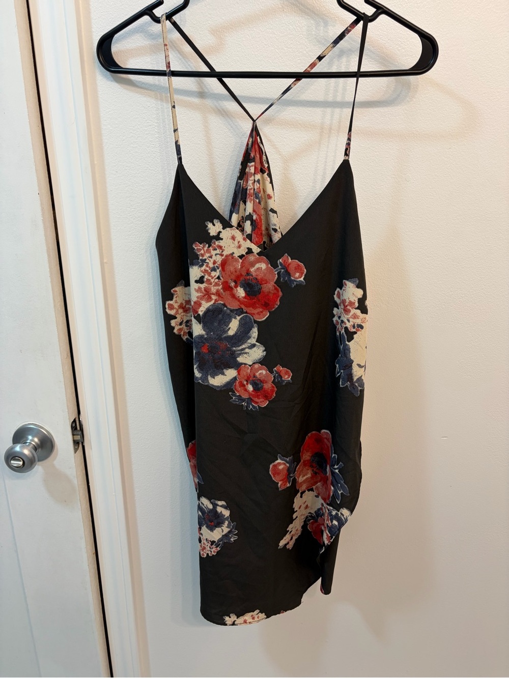 Free People Black Slip Dress with Red and Cream Floral Print